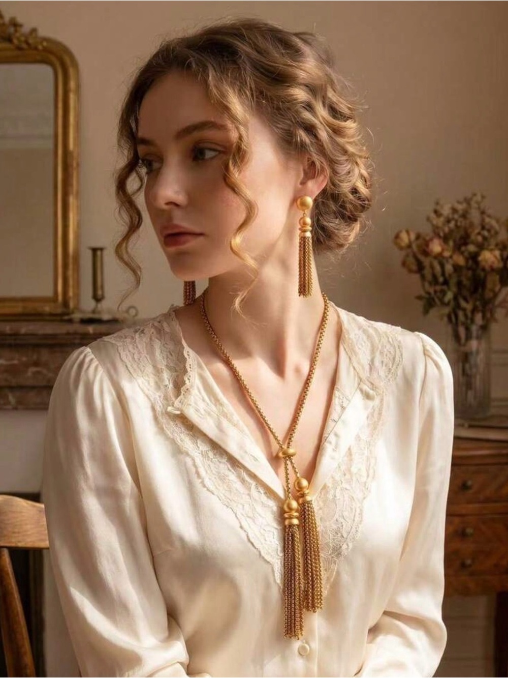 Gold Tassel Long Necklace and Earrings Set - Women Jewelry